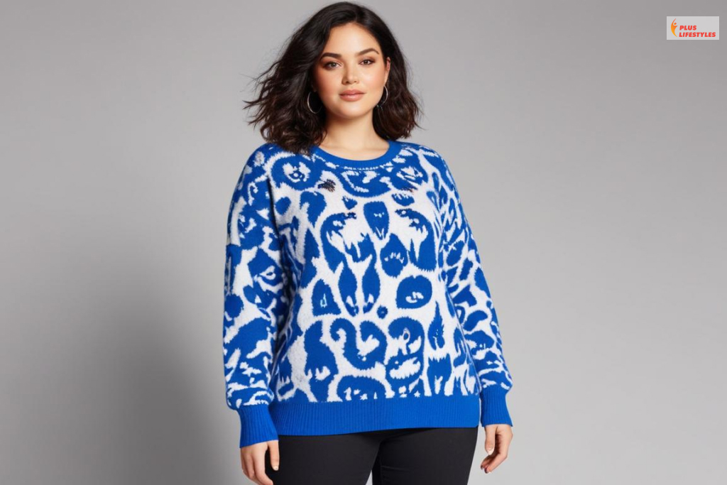 Blue Animal Jacquard Sweater By ASOS: plus-size fall outfits