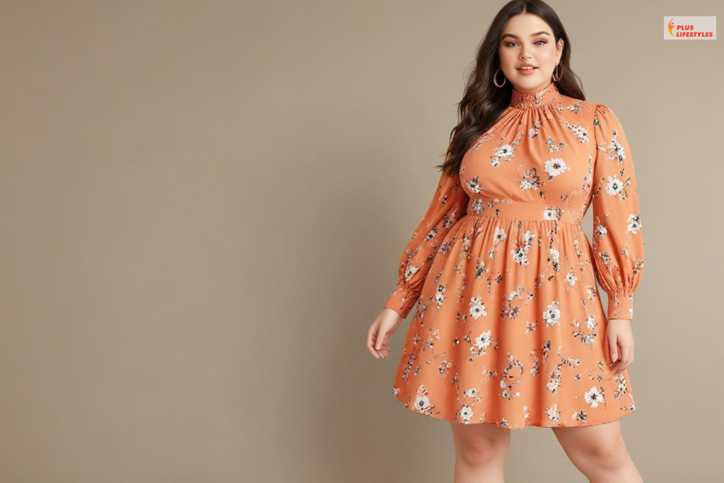 Mock-Neck Puffed Sleeve Floral Dress: plus-size fall outfits